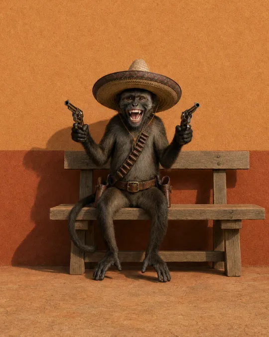 Affe mit Sombrero und zwei Revolvern auf einer Bank vor einer orangefarbenen Wand.