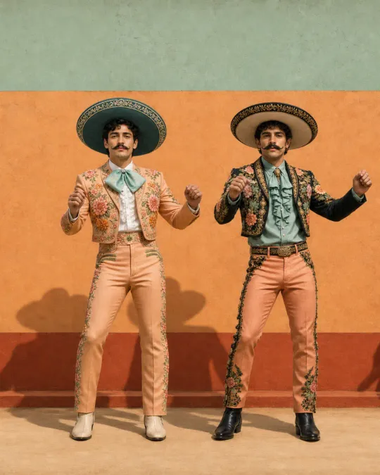 Carlos und Juan in floralen Anzügen und Sombreros vor einer orangefarbenen Wand.