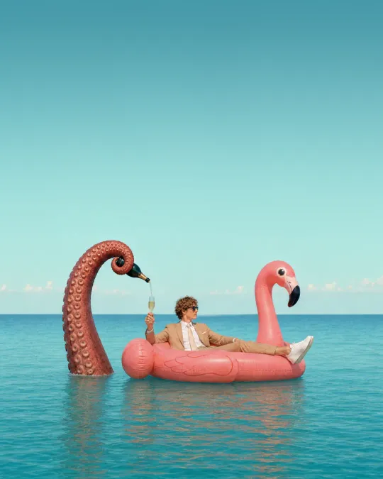 Kevin treibt auf einem rosa Flamingo im Meer, neben ihm schenkt ein Oktopus nach.