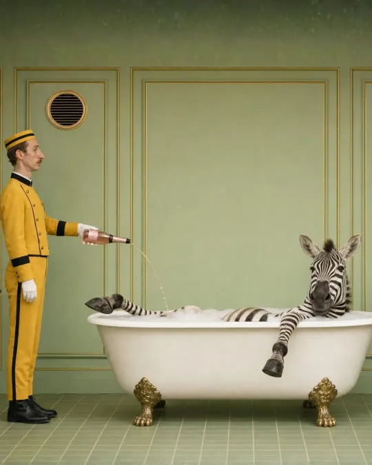 Page Jean-Pierre schenkt Zebra Bruno in einer Badewanne Champagner ein.