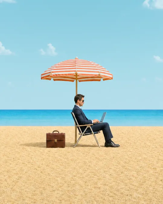 Julian arbeitet im Anzug unter einem Sonnenschirm am Strand an seinem Laptop.